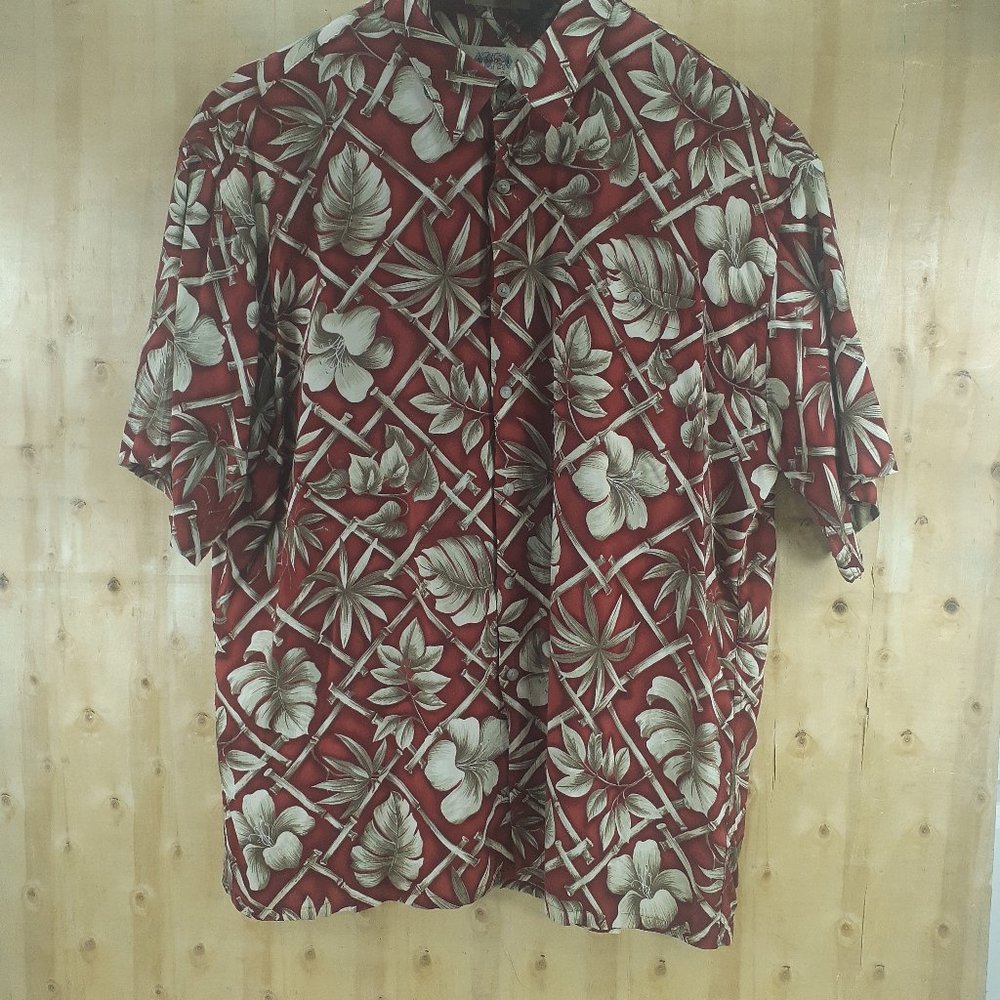 Vintage 90's Campia Moda Men’s XL Rayon Red Tan Palm Leaf Hawaiian Shirt